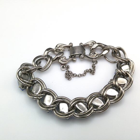 Light Vintage Blue Rhinestone Bracelet, Silver Tone Heavy Chain, 1950s - Picture 4 of 10